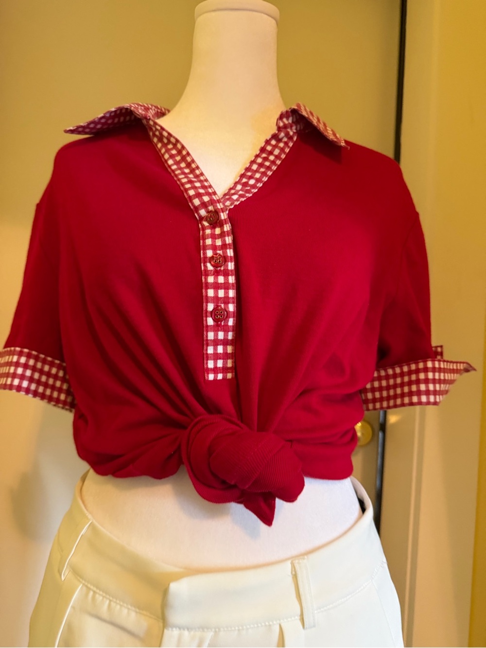 Women’s Red Polo Top with Gingham Trim
